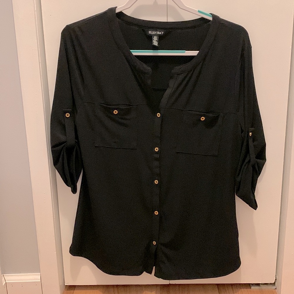 Black button up blouse by Ellen Tracy, size medium.